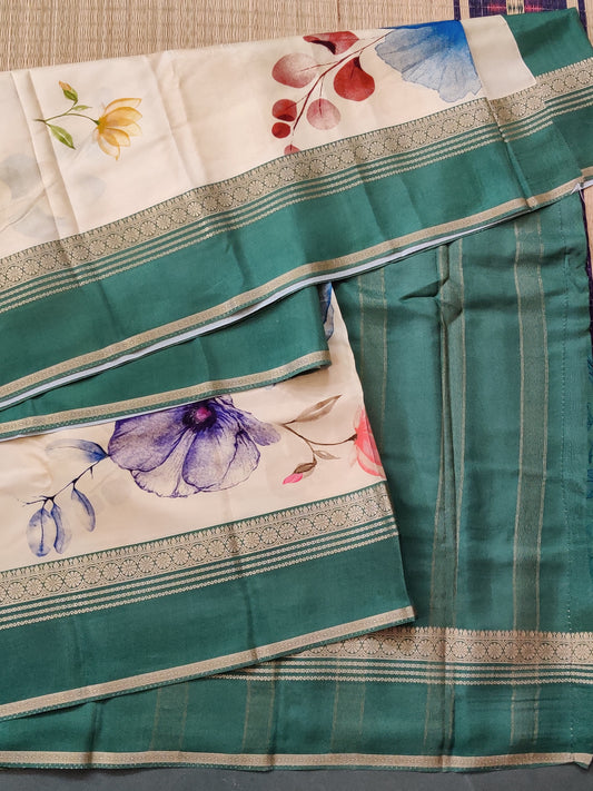 Cream Colour Semi Mysore Crepe Silk Saree With Floral Digital Print All Over Code : VB0442