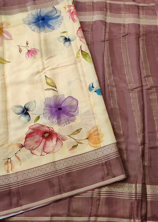 Light Yellow Colour Semi Mysore Crepe Silk Saree With Digital Floral Print All Over Code : VB0443
