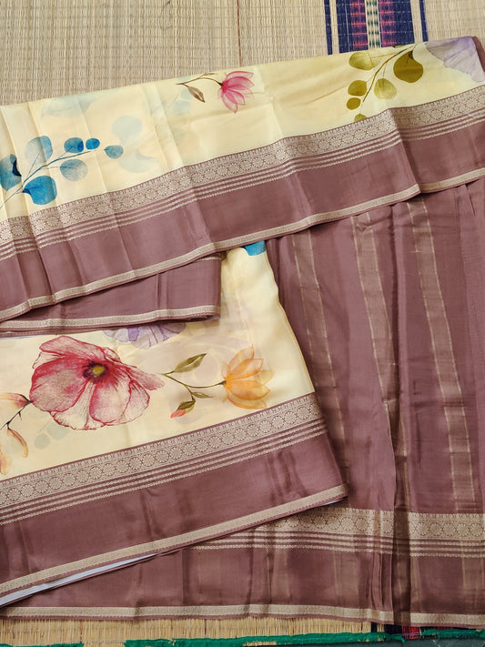 Light Yellow Colour Semi Mysore Crepe Silk Saree With Digital Floral Print All Over Code : VB0443