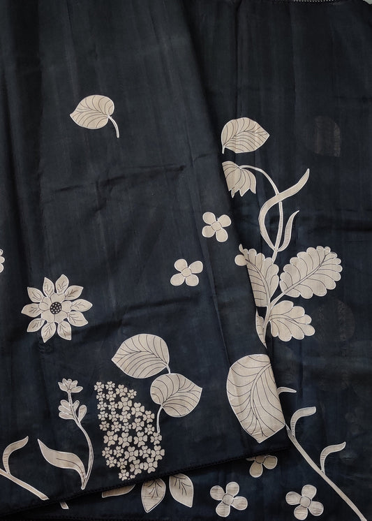 Black Colour Semi Tussar Saree With Digital Print & Applique Work All Over Code : VB0441