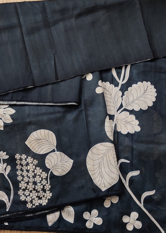 Black Colour Semi Tussar Saree With Digital Print & Applique Work All Over Code : VB0441