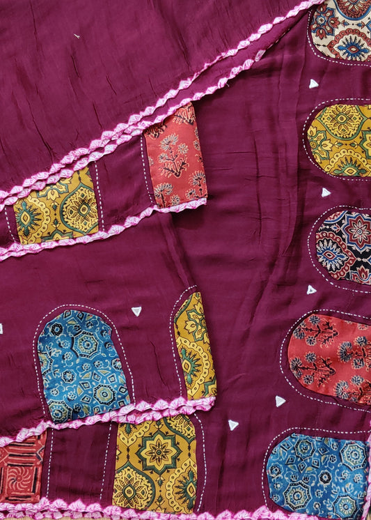 Wine Colour Modal Silk Saree With Plain Body Code : VB0440