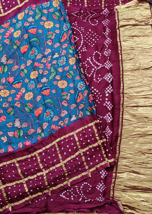 Rama Blue Colour Semi Matka Gatchola Saree With Kalamkari Digital Print Body : VB0452