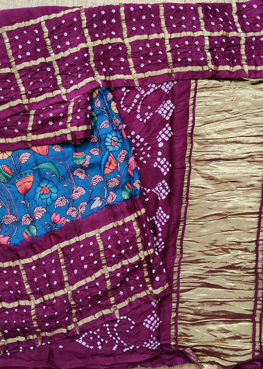 Rama Blue Colour Semi Matka Gatchola Saree With Kalamkari Digital Print Body : VB0452