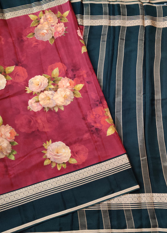 Maroon Colour Semi Mysore Crepe Silk Saree With Floral Digital Print All Over Code : VB0445