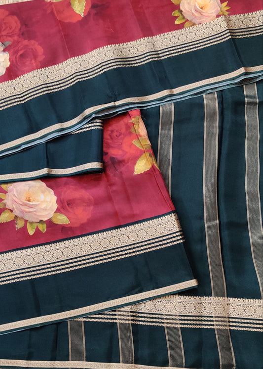 Maroon Colour Semi Mysore Crepe Silk Saree With Floral Digital Print All Over Code : VB0445