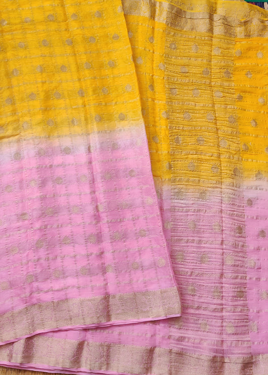 Yellow & Pink Colour Semi Georgette Saree With Zari Motif All Over Code : VB0449