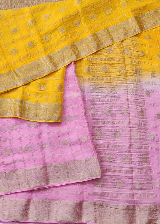 Yellow & Pink Colour Semi Georgette Saree With Zari Motif All Over Code : VB0449