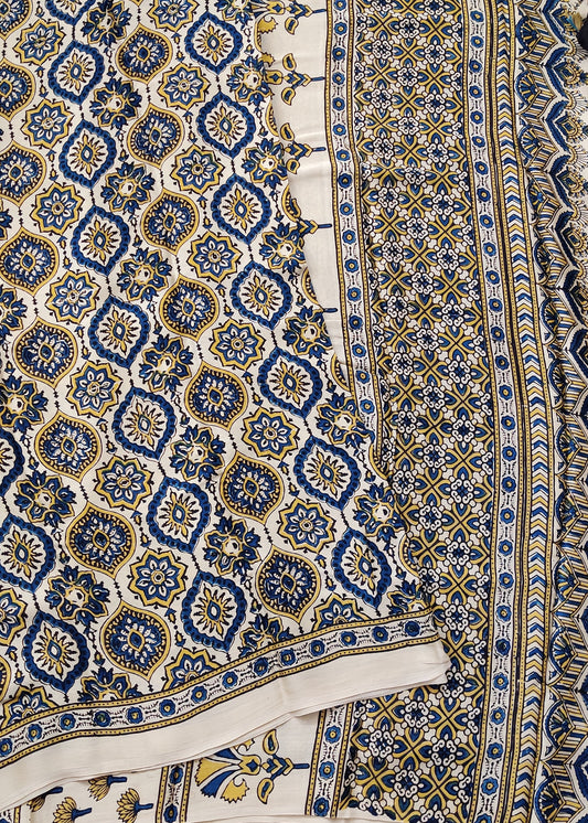 Off White Colour Modal Silk Saree With Ajakh Print All Over : VB0460