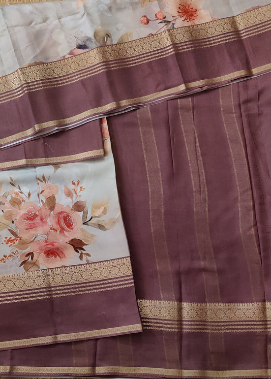 Light Beige Colour Semi Mysore Crepe Silk Saree With Floral Print All Over Code : VB0447