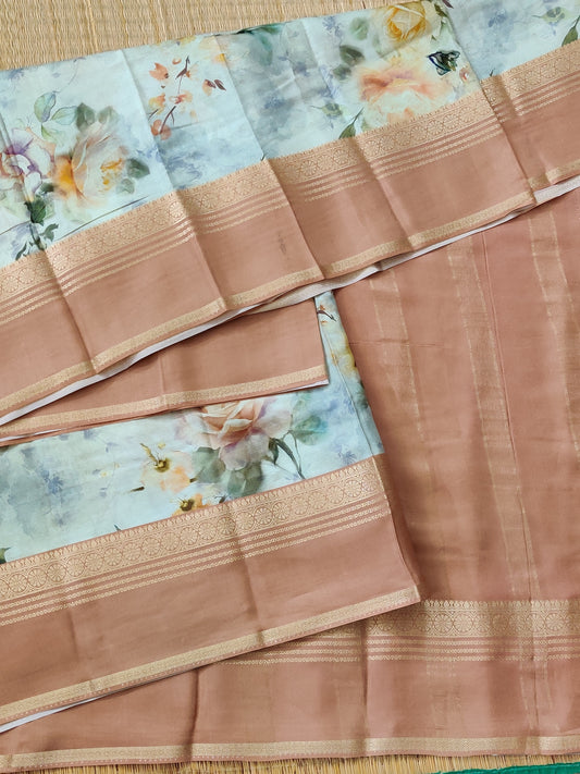 Light Pista Green Colour Semi Mysore Crepe Silk Saree With Floral Digital Print All Over Code : VB0448