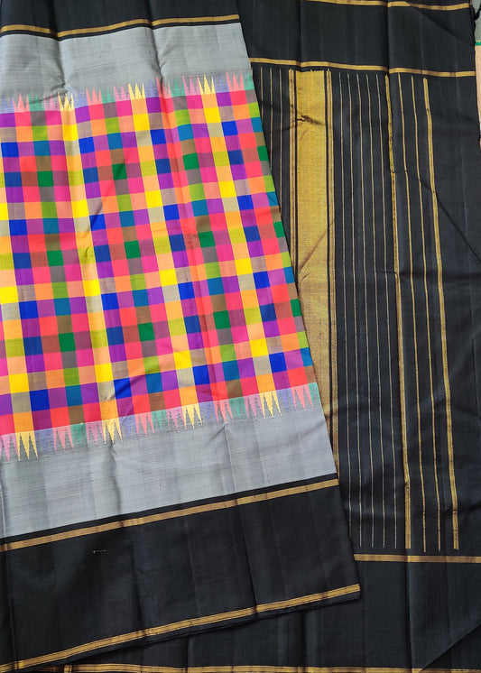 Multi Colour Kanchivaram Silk Saree With Multi Colour Checks Motif Body Code : KA0381
