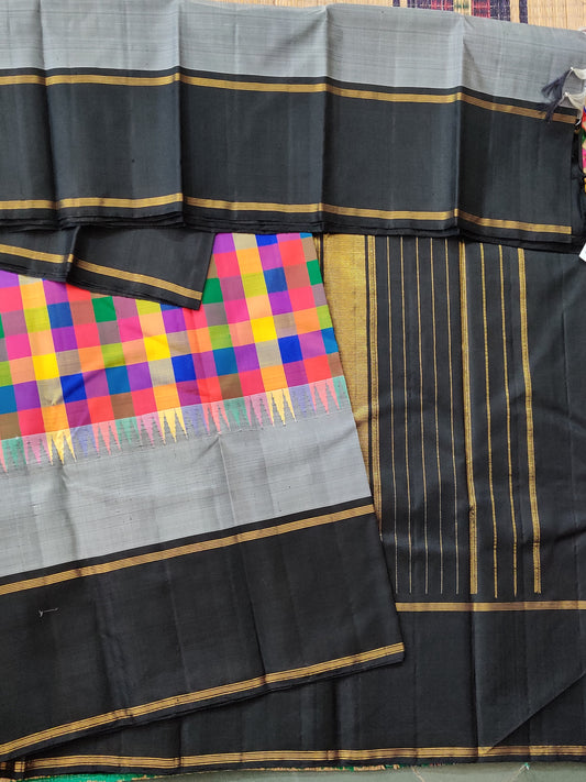 Multi Colour Kanchivaram Silk Saree With Multi Colour Checks Motif Body Code : KA0381