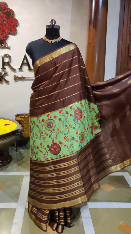 Brown & Parrot Green Colour Mysore Crepe Silk Saree With Digital Print All Over Code : VB0450