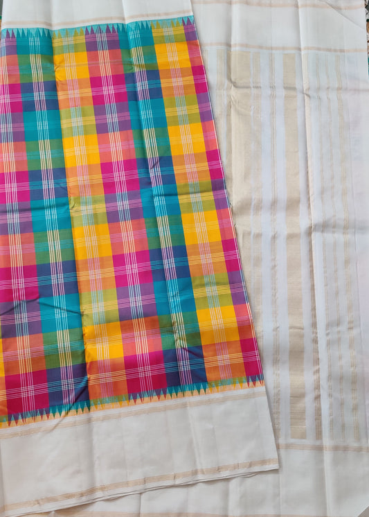 Multi Colour Kanchivaram Silk Saree With Checkas Motif Body : KA0380