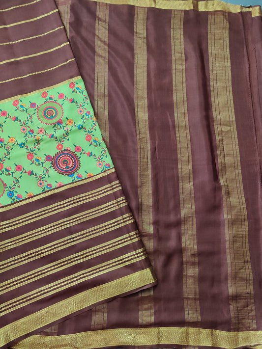 Brown & Parrot Green Colour Mysore Crepe Silk Saree With Digital Print All Over Code : VB0450