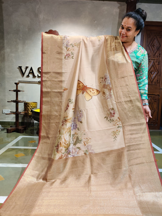 Cream Colour Ikkat Silk Saree With Digital Print All Over Code : IK031