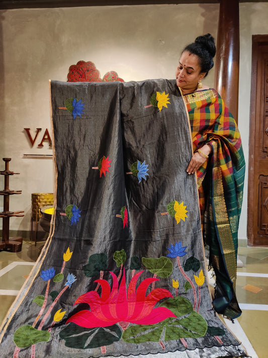 Elephant Grey Colour Tissue Maheshwari Silk Saree With Applique Work All Over Code :VB0459