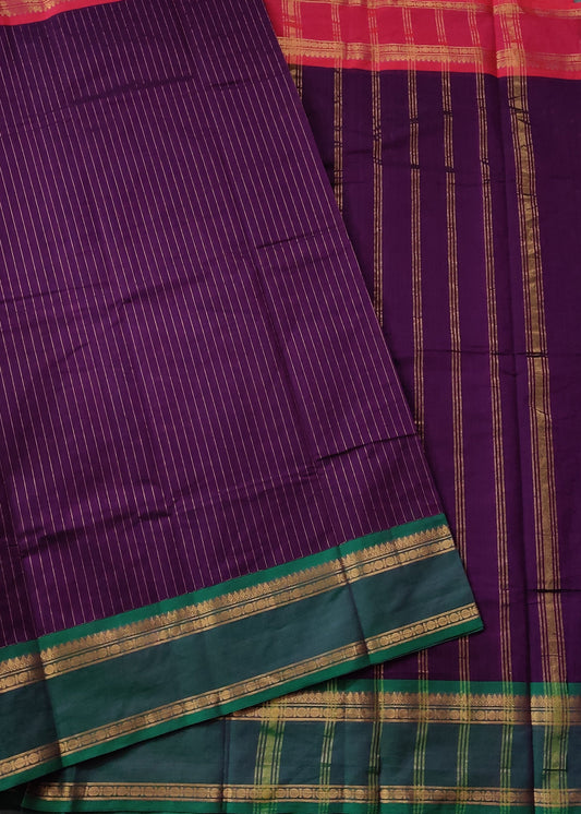 Dark Magenta Colour Cotton Saree With Zari Stripes All Over Code : PC009
