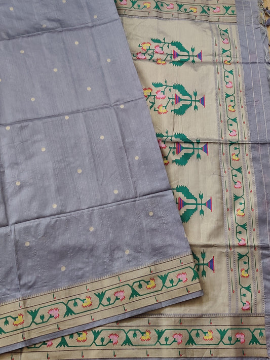Grey Colour Semi Paithani Saree With Zari Butta Sll Over Code : VB0473