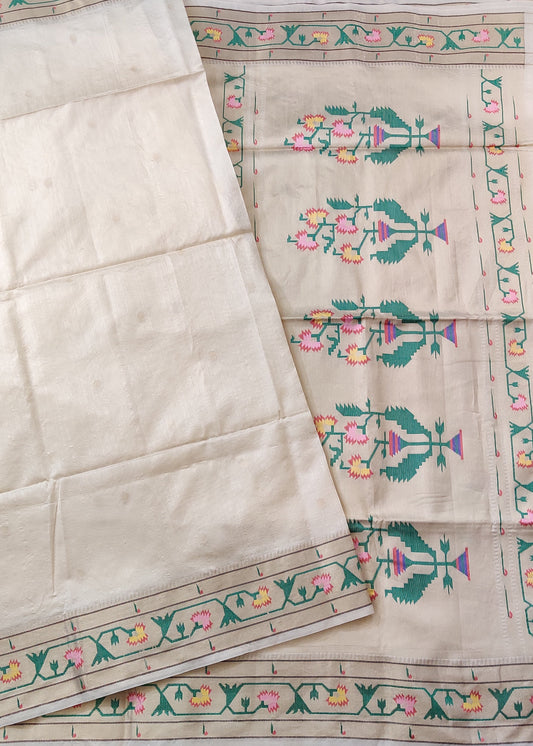 White Colour Semi Paithani Saree With Zari Butta All Over : VB0472