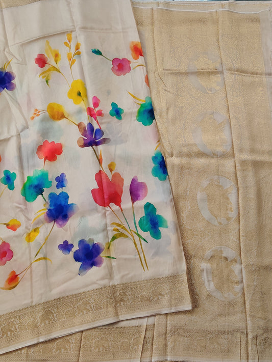 Cream Colour Dola Silk Saree With Digital Print All Over Code : VB504