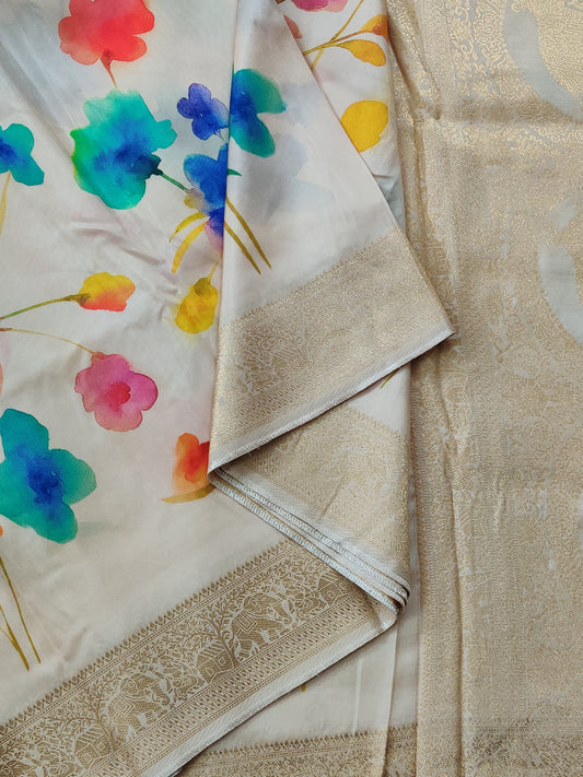 Cream Colour Dola Silk Saree With Digital Print All Over Code : VB504