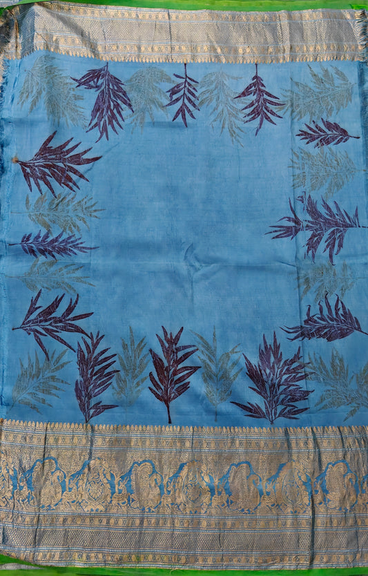 Blue colour gadwal silk saree with eco print all over