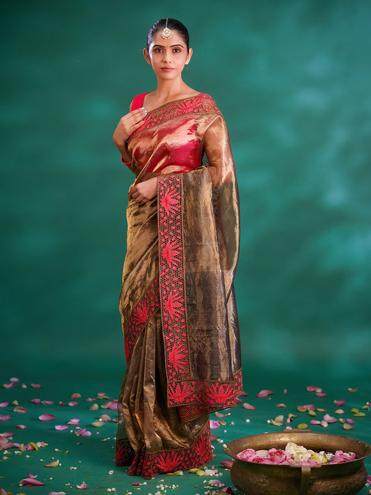 Greyish Gold Colour Tissue Chanderi Silk Saree With Plain Body