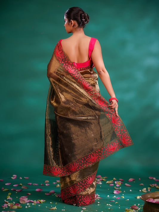 Greyish Gold Colour Tissue Chanderi Silk Saree With Plain Body