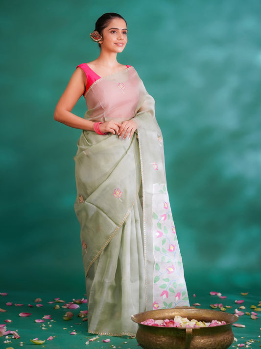 Light Pista Green Colour Organza & Muslin Fusion Saree