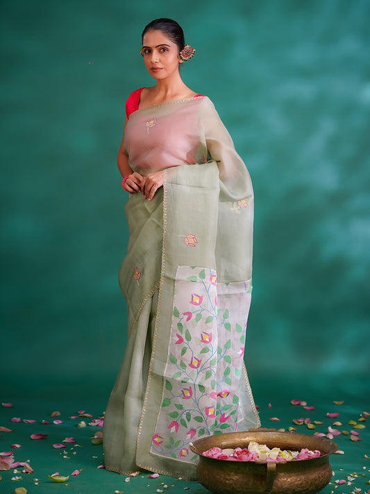 Light Pista Green Colour Organza & Muslin Fusion Saree