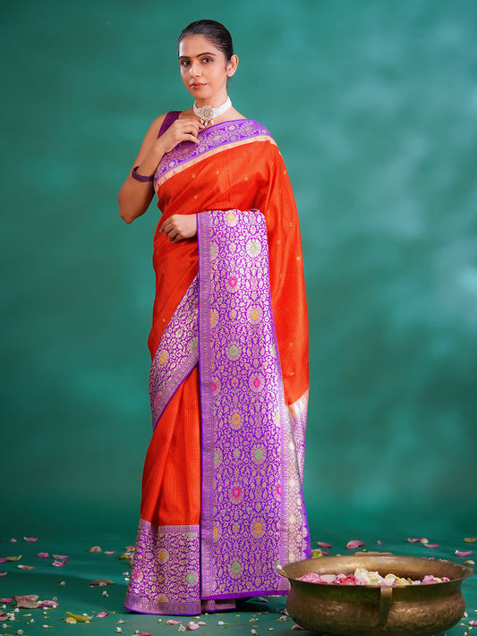 Orange Colour Gadwal & Banarasi Border Fusion Saree