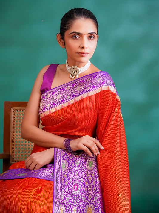 Orange Colour Gadwal & Banarasi Border Fusion Saree Code : VB0465