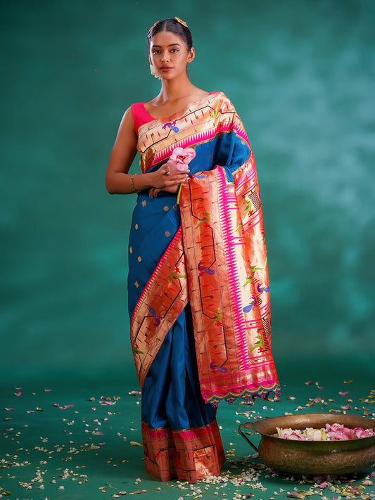 Peacock Blue Colour Kanchivaram & Pure Paithani Fusion Saree