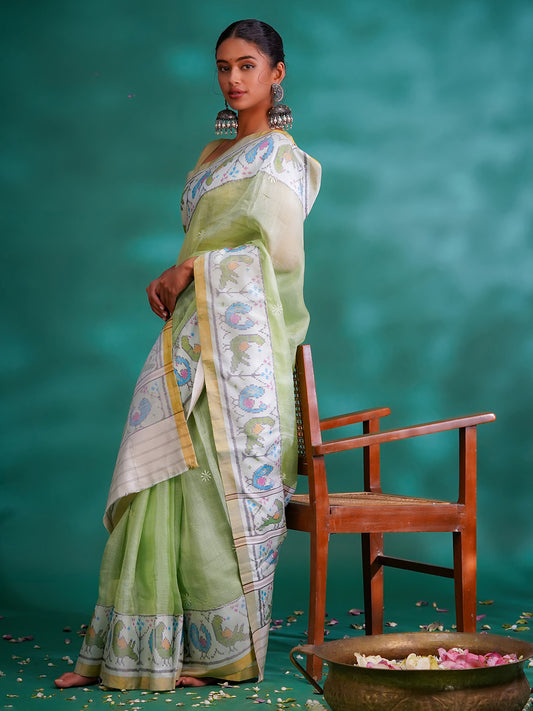 Pastel Green Colour Kota & Ikkat Patola Fusion Saree