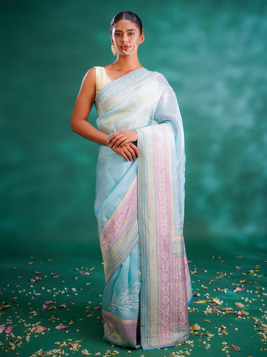 Sky Blue Colour Organza & Georgette Fusion Saree