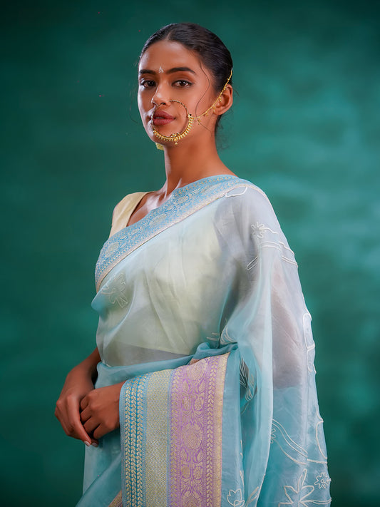 Sky Blue Colour Organza & Georgette Fusion Saree