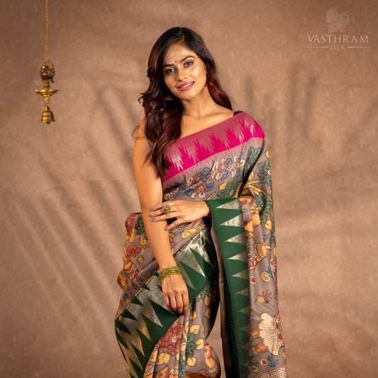Grey Kanchivaram silk saree with kalamkari work all over