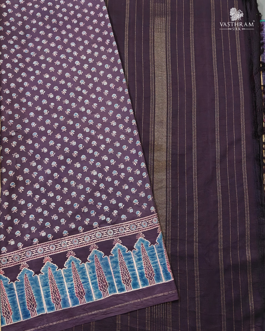 Coffee brown colour pure zari kanchivaram silk saree with ajrakh print all over
