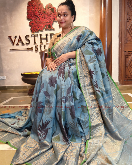 Blue colour gadwal silk saree with eco print all over
