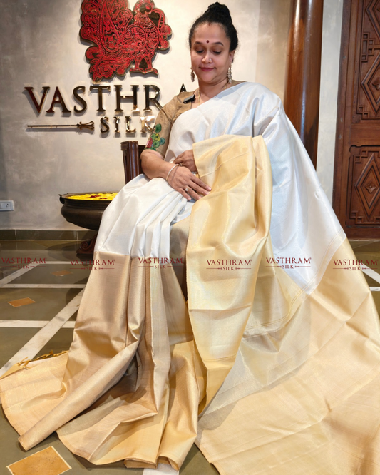 Gold & White Colour Half/Half Pure Zari Kanchivaram Silk Saree With Plain Body