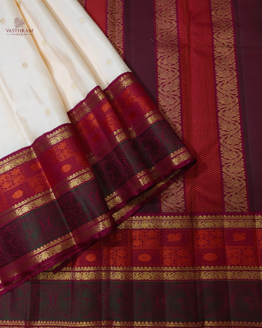Cream Colour Kanchivaram Silk Saree With Zari Butta All Over