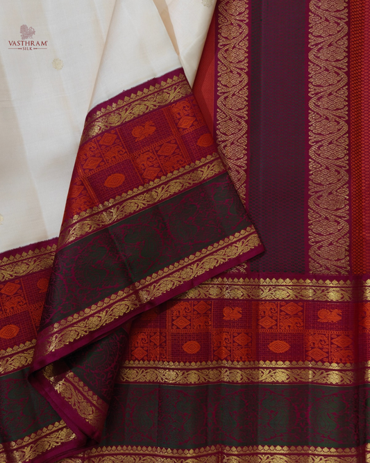 Cream Colour Kanchivaram Silk Saree With Zari Butta All Over