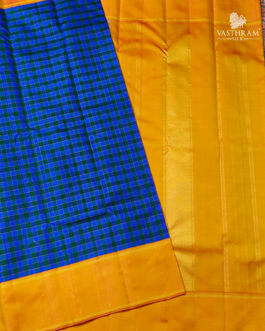 Blue Colour Kanchivaram Silk Saree With Zari Checks All Over