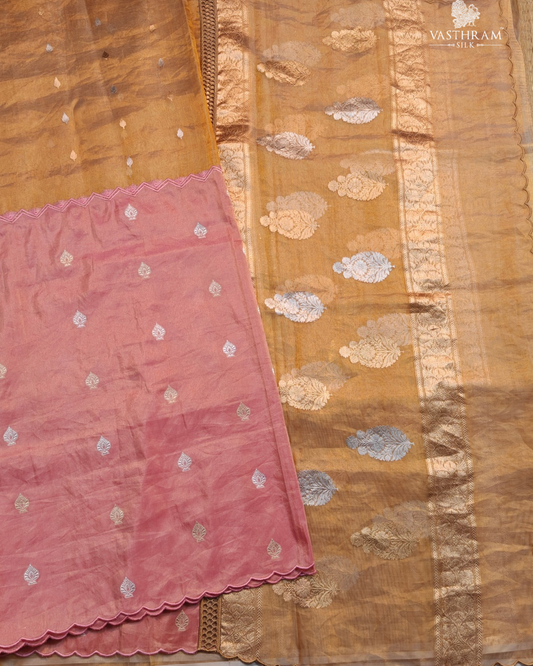 Gold & Baby Pink Colour Tissue & Banarasi Fusion Saree With Zari Butta All Over