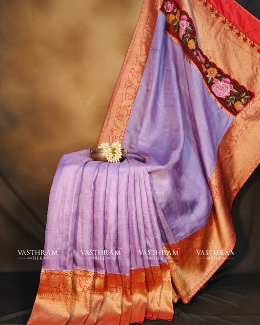 Lavender Colour Tissue Tussar & Banarasi Fusion& Silk Saree With Small Checks All Over