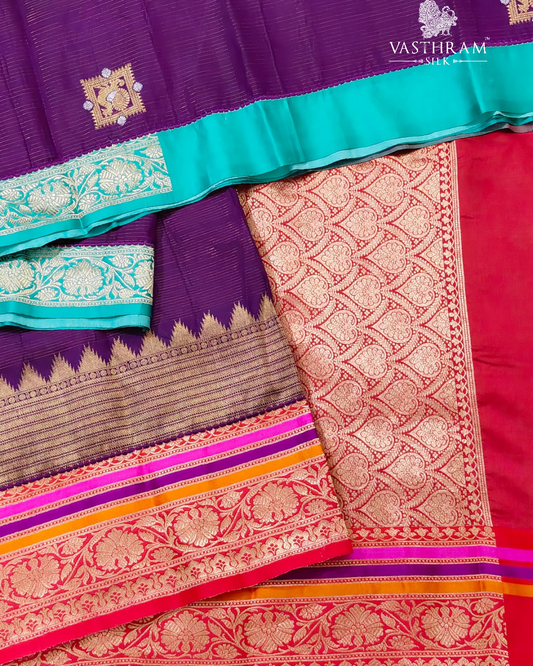 Magenta colour kanchivaram & Banarasi fusion silk saree with zari stripes & butta all over