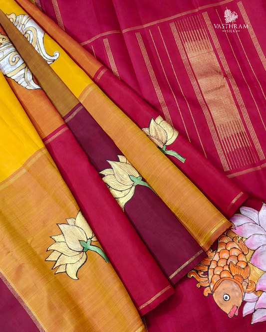 Multi Colour Kanchivaram Silk Saree With Thanjor Hand Painting All Over