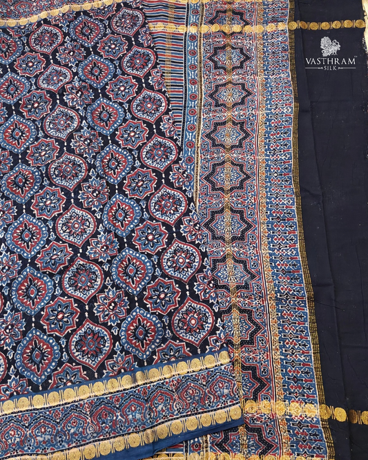 Blue colour & sungudi cotton saree with ajrakh print all over